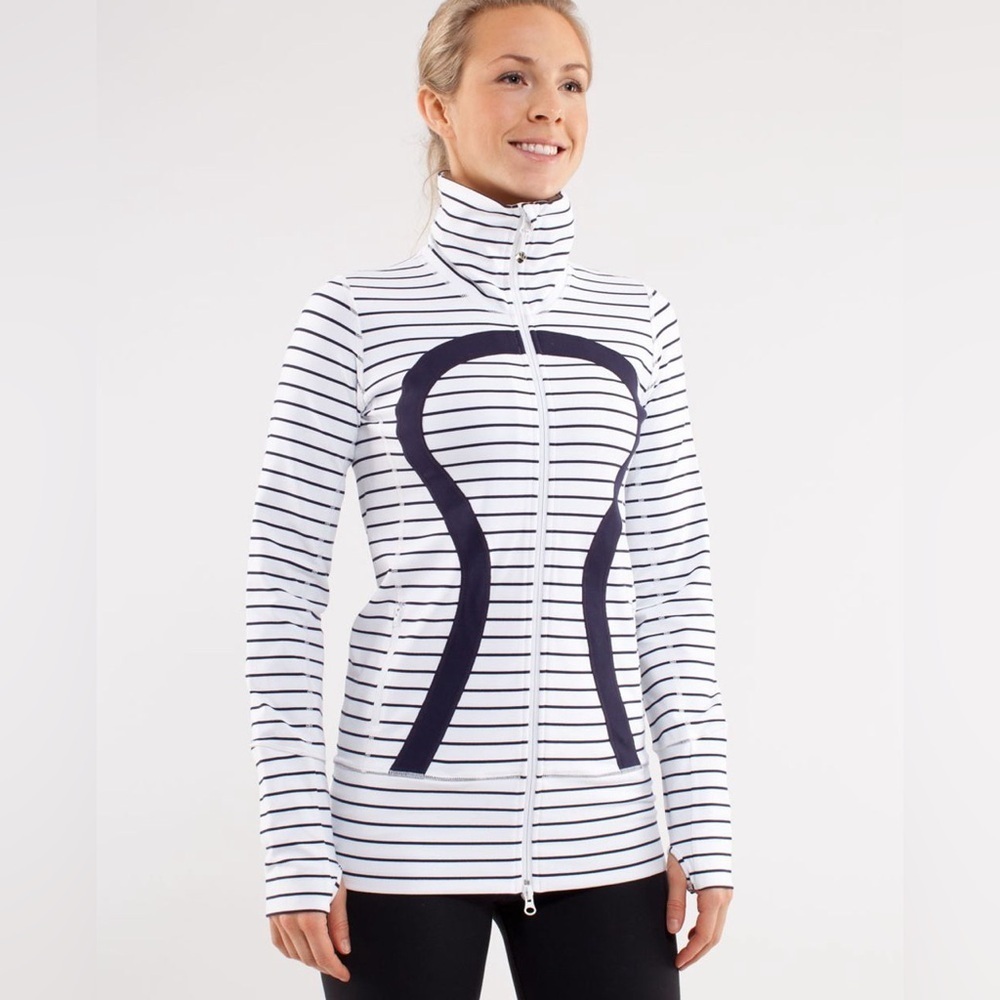 Lululemon In Stride Jacket Full Zip White Navy Stripe Size 6 EUC
